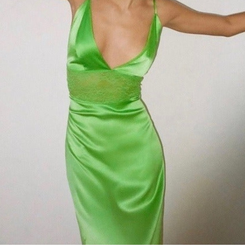 NWT Zara Green Satin Effect Dress with Lace Insert